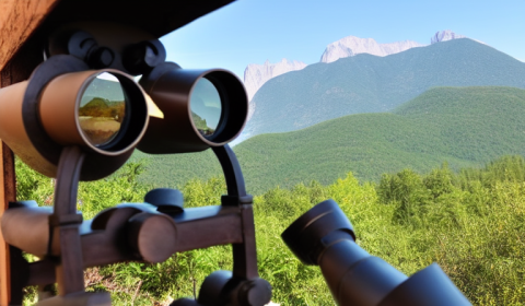 Binoculars and mountain range